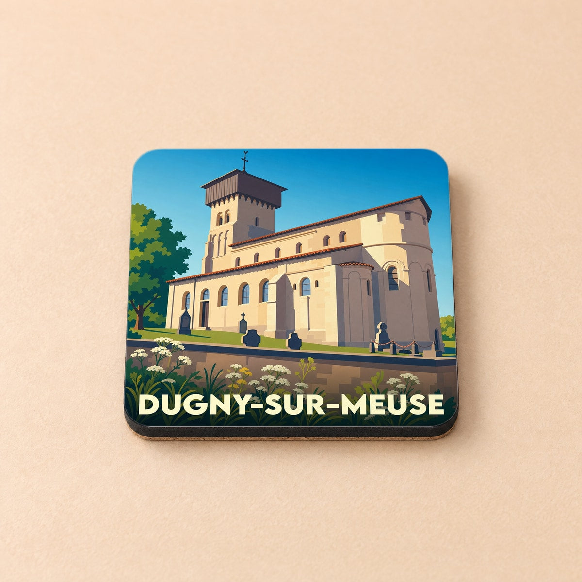Dessous de verre souvenir de la ville de Dugny-sur-Meuse avec une illustration stylisée de son église fortifiée.