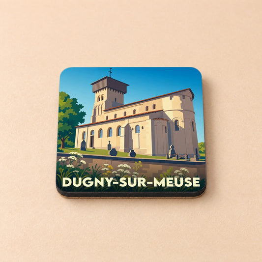 Dessous de verre souvenir de la ville de Dugny-sur-Meuse avec une illustration stylisée de son église fortifiée.