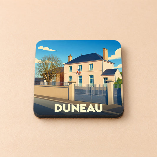 Dessous de verre souvenir de la ville de Duneau avec une illustration stylisée d'une maison de ville française.