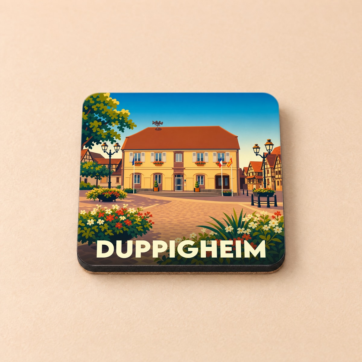 Dessous de verre souvenir de la ville de Duppigheim avec une illustration stylisée de sa mairie.
