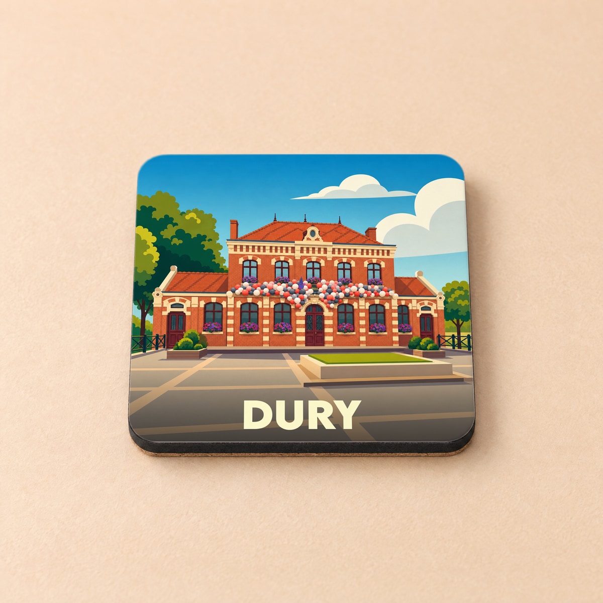 Dessous de verre souvenir de la ville de Dury avec une illustration stylisée de son hôtel de ville.