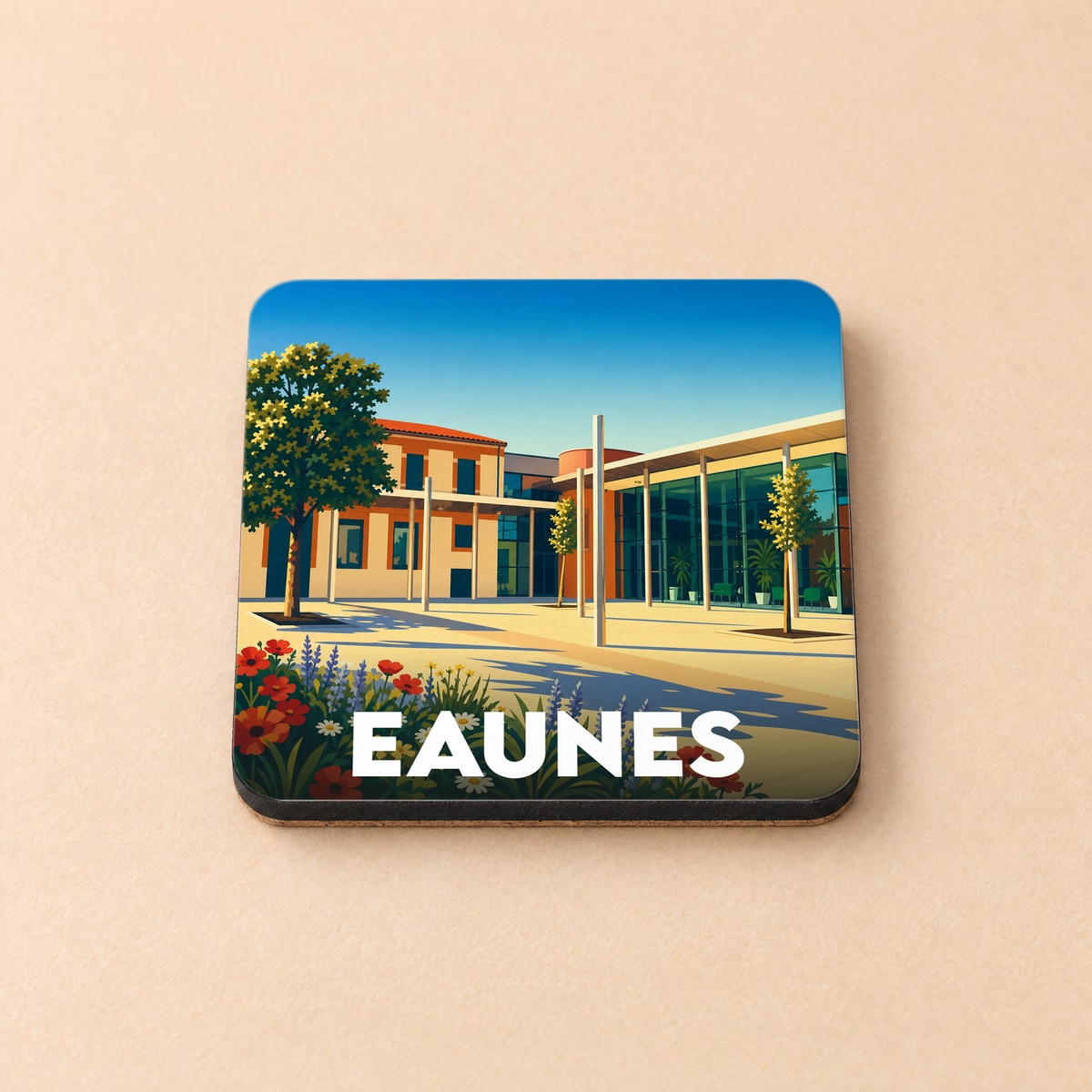 Dessous de verre souvenir de la ville de Eaunes avec une illustration stylisée et colorée de son architecture moderne.