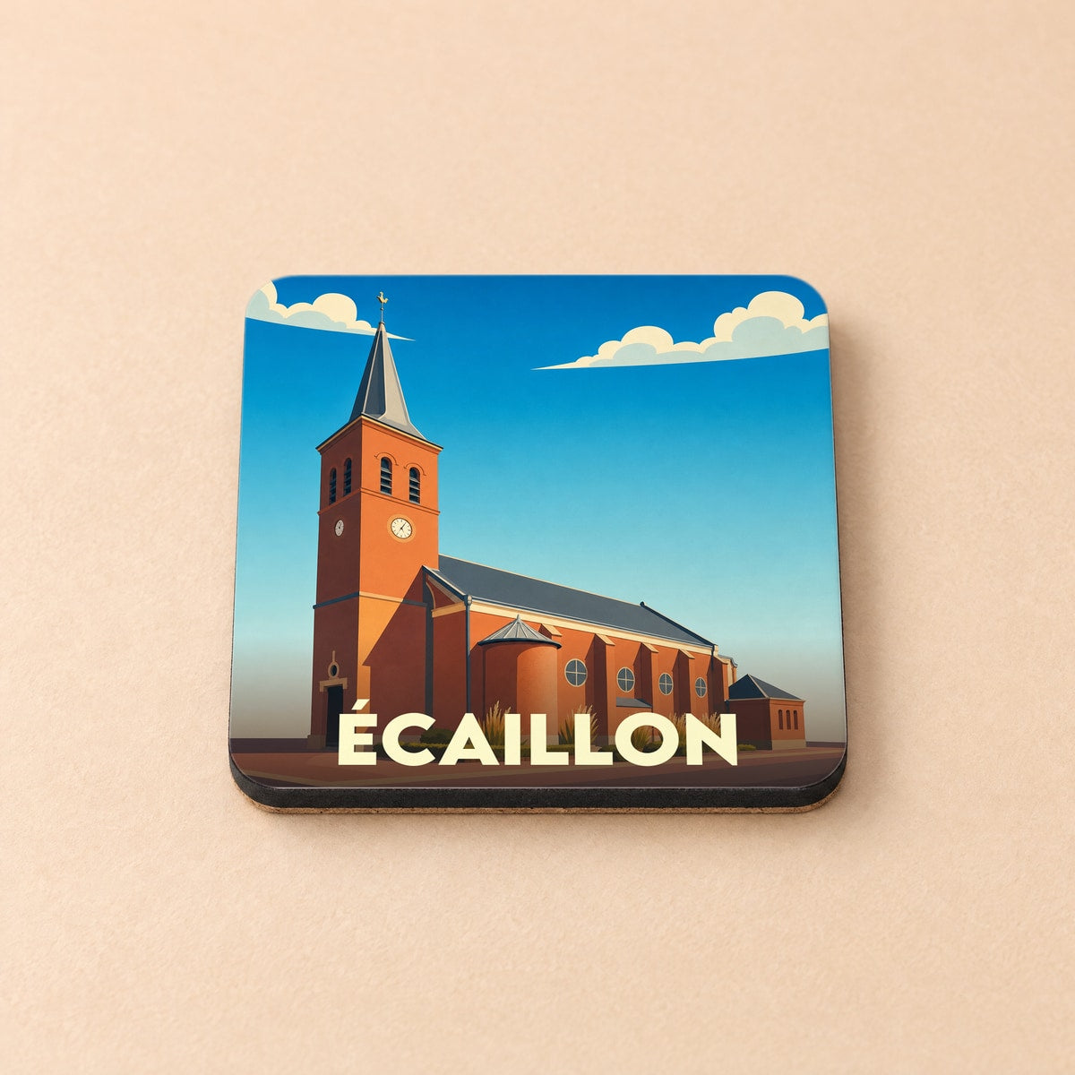 Dessous de verre souvenir de la ville d'Écaillon avec une illustration stylisée de son église.