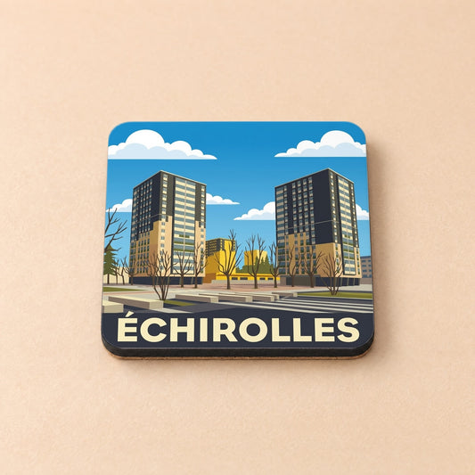 Dessous de verre souvenir de la ville d'Échirolles avec une illustration stylisée de ses immeubles emblématiques.