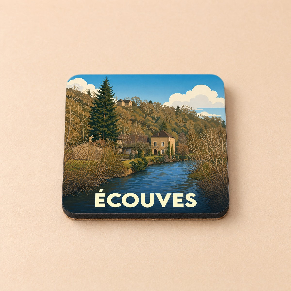 Dessous de verre souvenir de la ville de Écouves avec une illustration stylisée d'un paysage naturel.