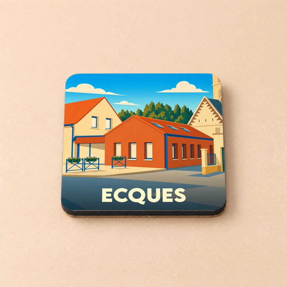 Dessous de verre souvenir de la ville d'Ecques avec une illustration stylisée et colorée.
