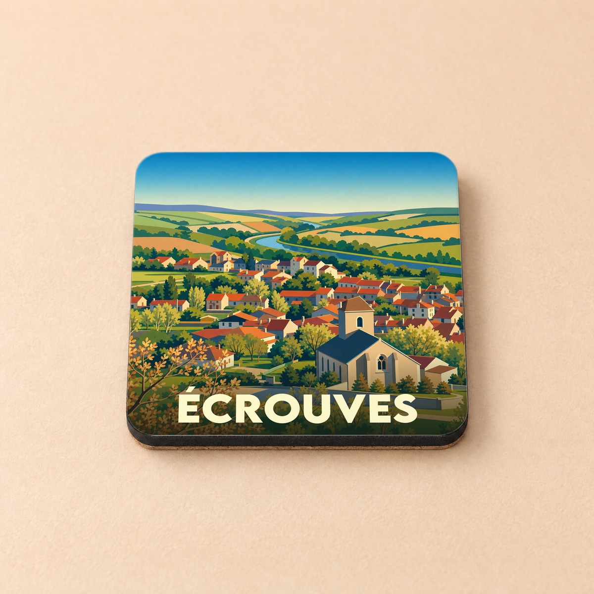 Dessous de verre souvenir de la ville d’Écrouves avec une illustration stylisée d'un paysage de campagne.
