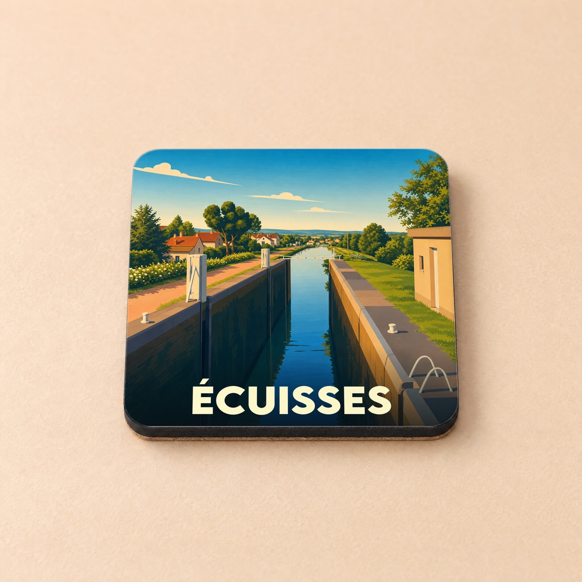 Dessous de verre souvenir de la ville de Écuisses avec une illustration stylisée d'un canal et de ses écluses.