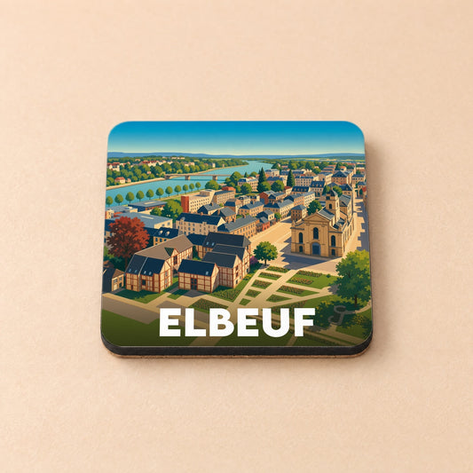 Dessous de verre souvenir de la ville d'Elbeuf avec une illustration stylisée et colorée.