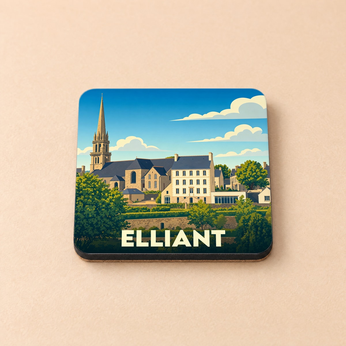 Dessous de verre souvenir de la ville d'Elliant avec une illustration stylisée de son église et de ses bâtiments typiques.