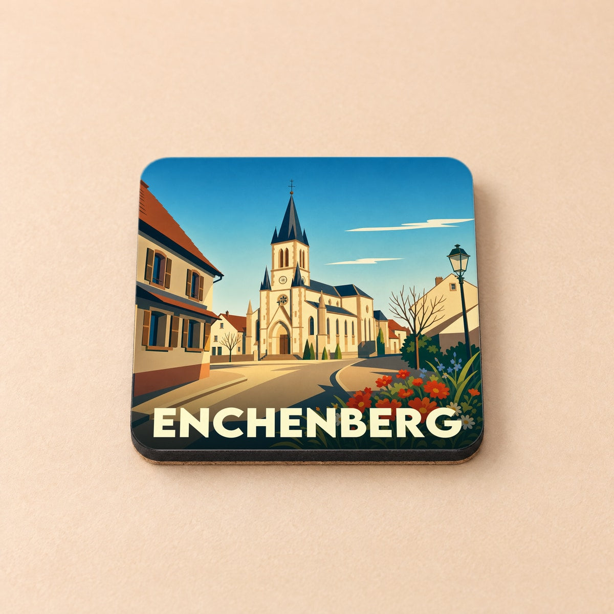 Dessous de verre souvenir de la ville de Enchenberg avec une illustration stylisée de son église.