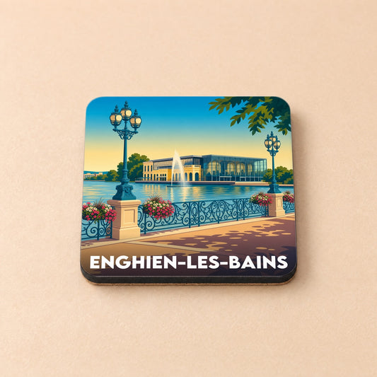 Dessous de verre souvenir de la ville d'Enghien-les-Bains avec une illustration stylisée du lac et du casino.
