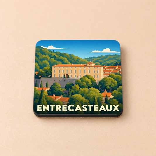 Dessous de verre souvenir de la ville d'Entrecasteaux avec une illustration stylisée de son château.