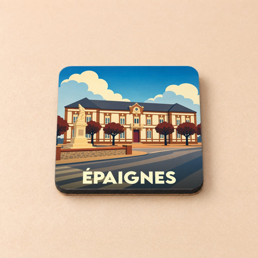 Dessous de verre souvenir de la ville de Épaignes avec une illustration stylisée de sa mairie et d'un monument historique.