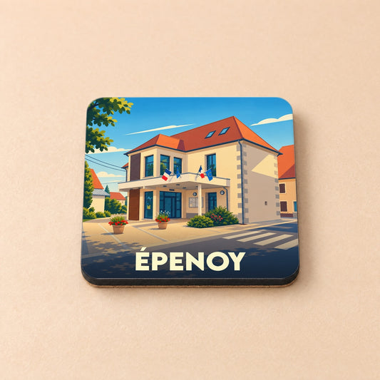 Dessous de verre souvenir de la ville d'Épenoy avec une illustration stylisée de sa mairie.