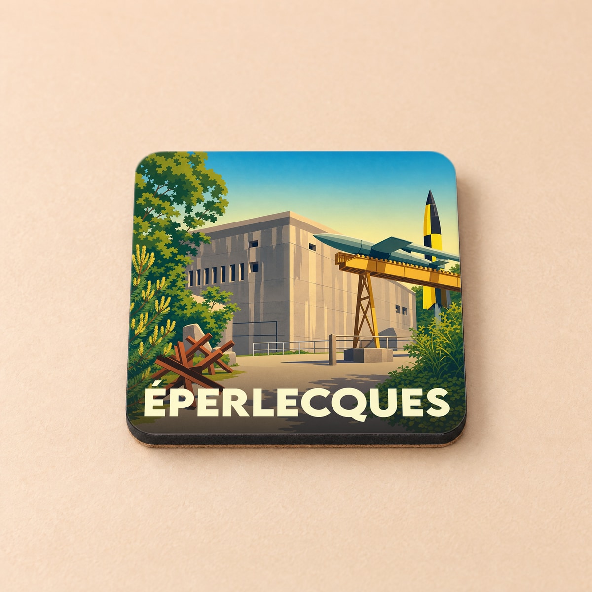 Dessous de verre souvenir de la ville d'Éperlecques illustrant son célèbre blockhaus et des fusées dans un style rétro.