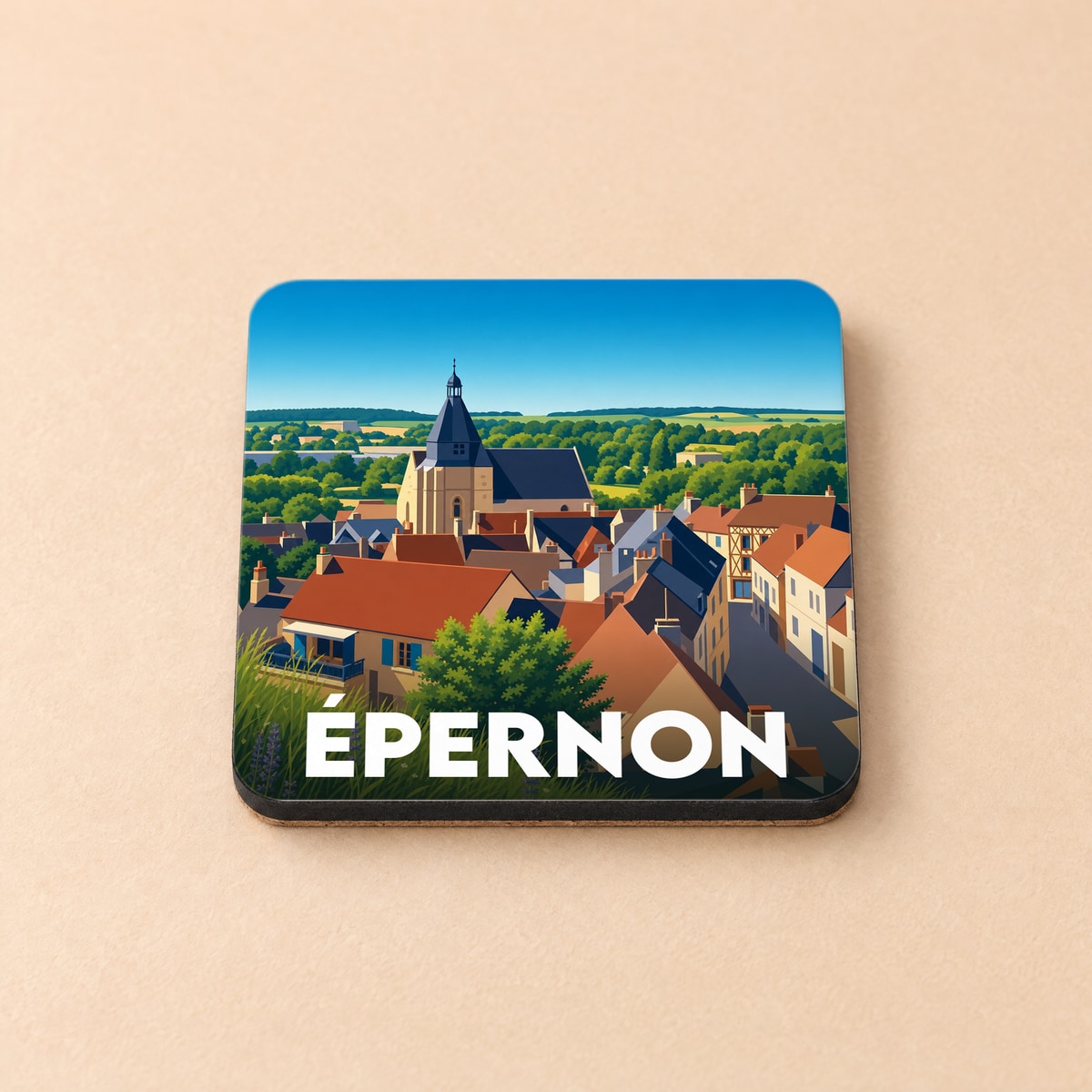 Dessous de verre souvenir de la ville d'Épernon avec une illustration stylisée de ses toits et de son église.