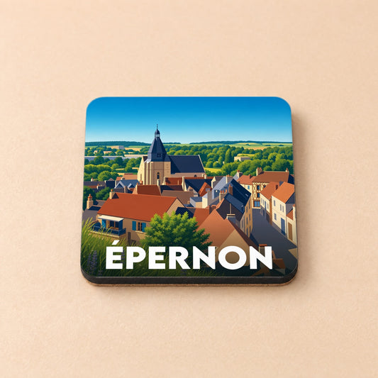 Dessous de verre souvenir de la ville d'Épernon avec une illustration stylisée de ses toits et de son église.