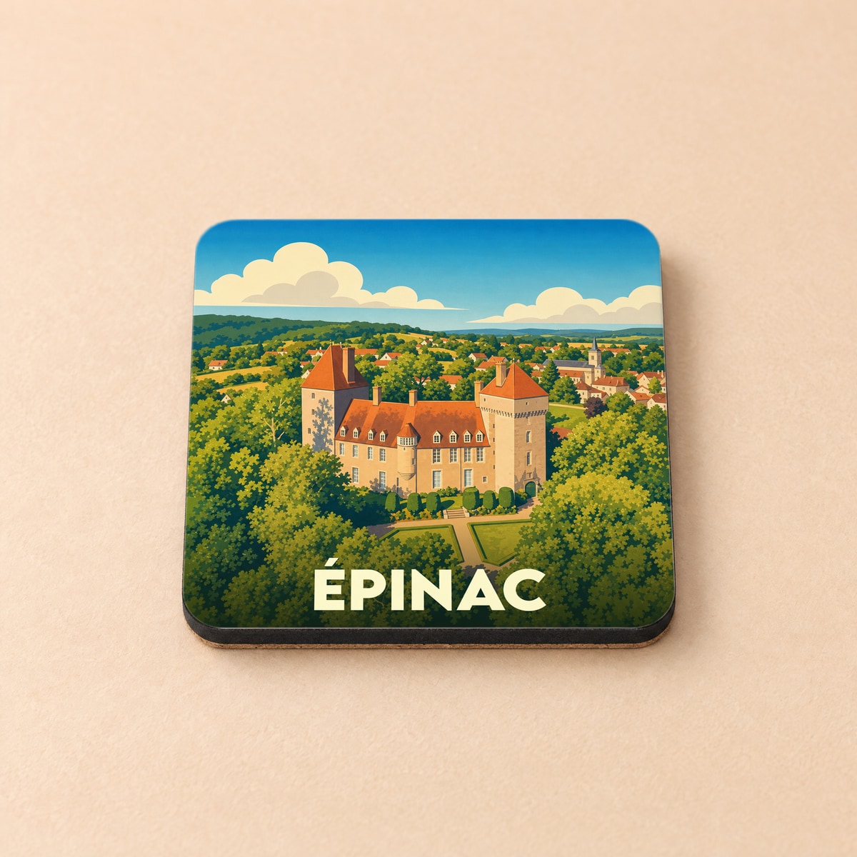 Dessous de verre souvenir de la ville d'Épinac illustrant son château au cœur d'un paysage verdoyant.