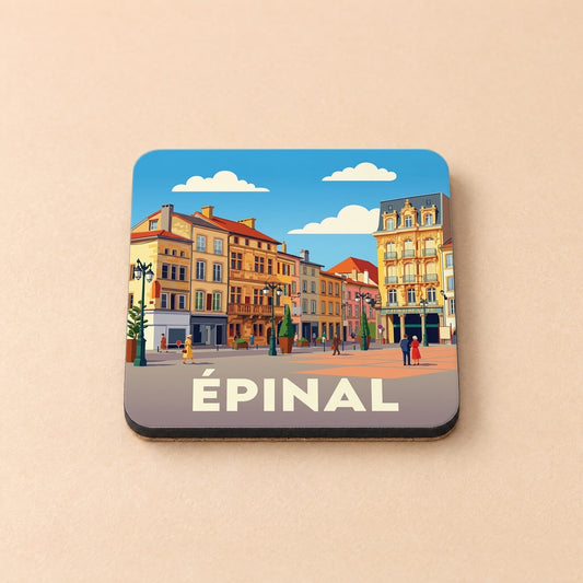 Dessous de verre souvenir de la ville d'Épinal arborant une illustration urbaine colorée.