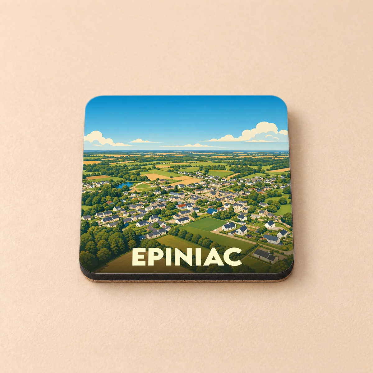 Dessous de verre souvenir de la ville de Epiniac avec une illustration stylisée vue du ciel.