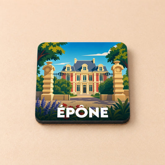 Dessous de verre souvenir de la ville d'Épône avec une illustration stylisée d'un château derrière ses grilles.