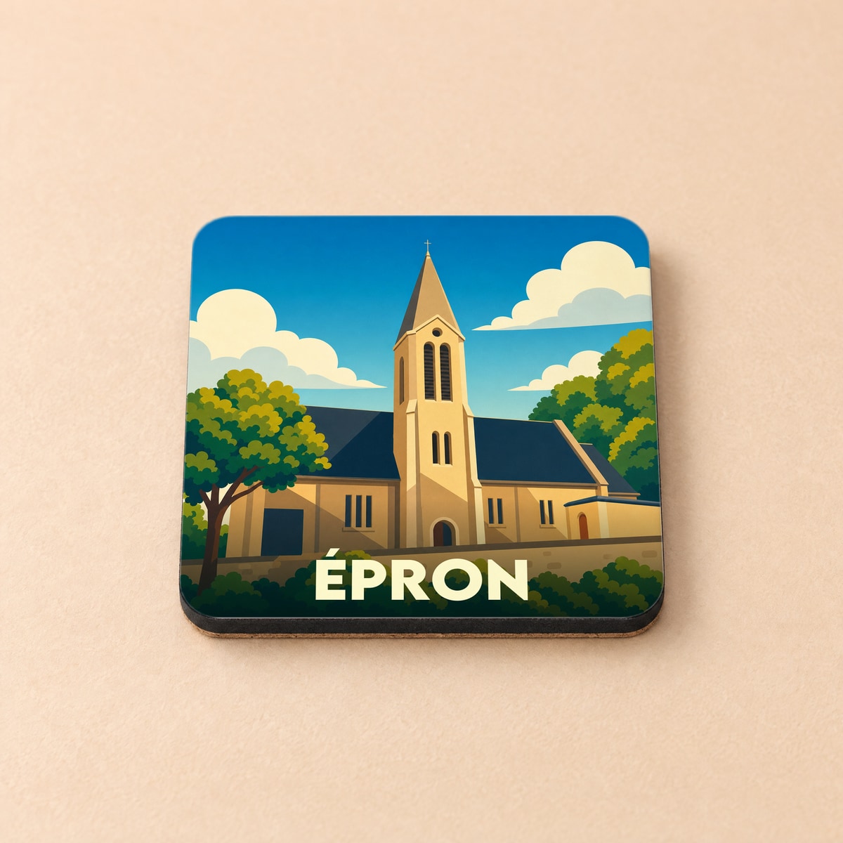 Dessous de verre souvenir de la ville d'Épron illustré d'une église stylisée sous un ciel bleu.