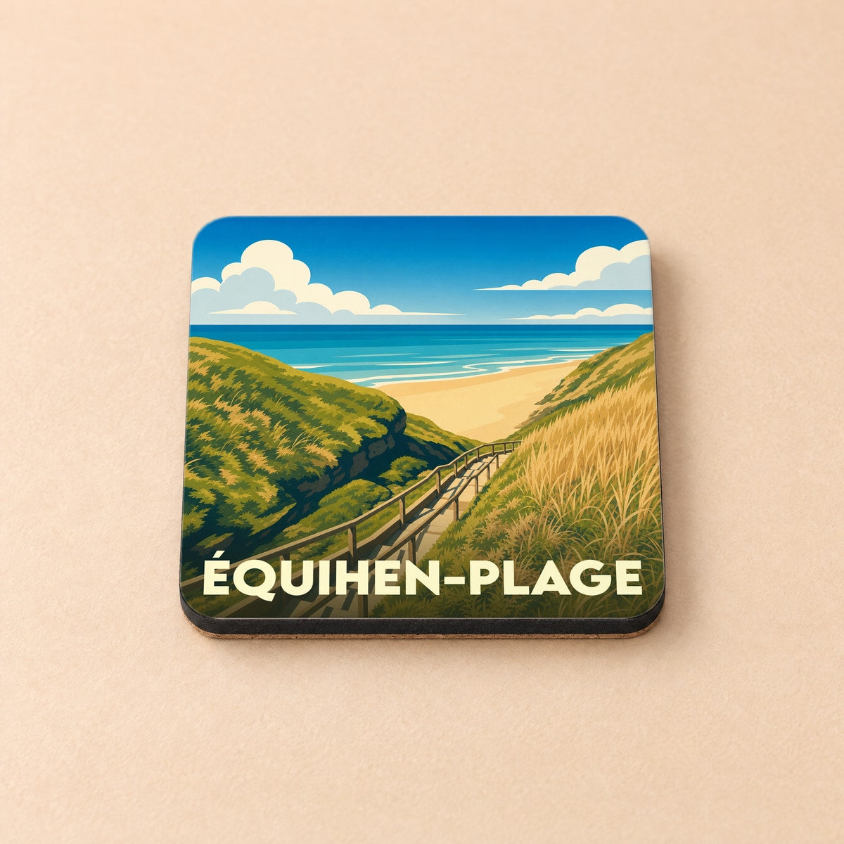 Dessous de verre souvenir de la ville d'Équihen-Plage avec une illustration stylisée du sentier côtier menant à la plage.