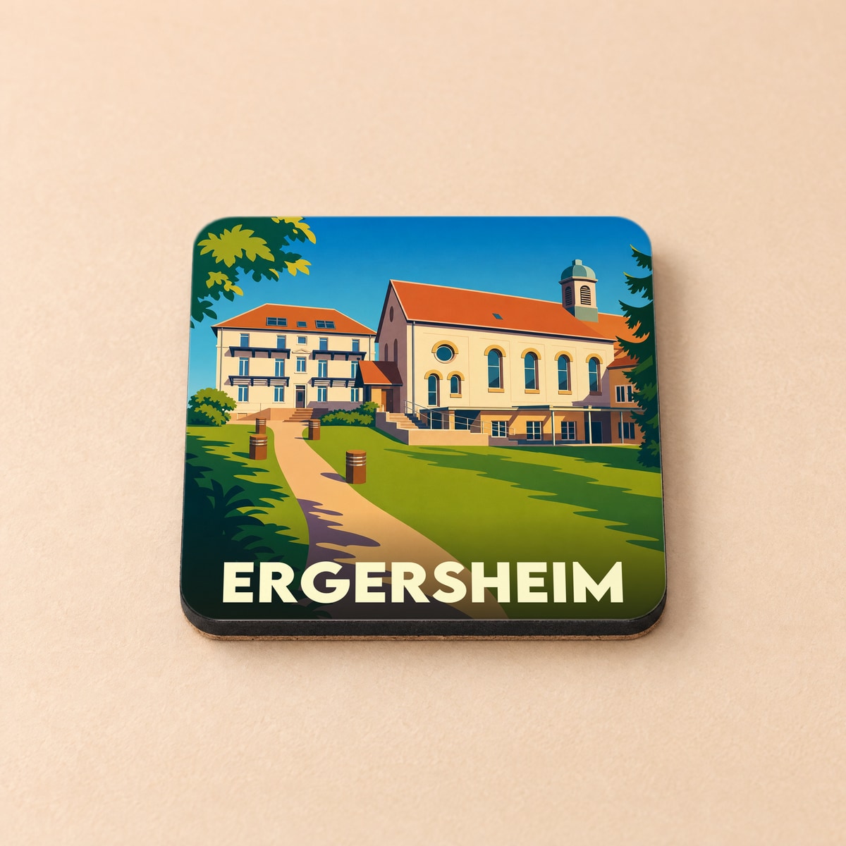 Dessous de verre souvenir de la ville d'Ergersheim avec une illustration stylisée.