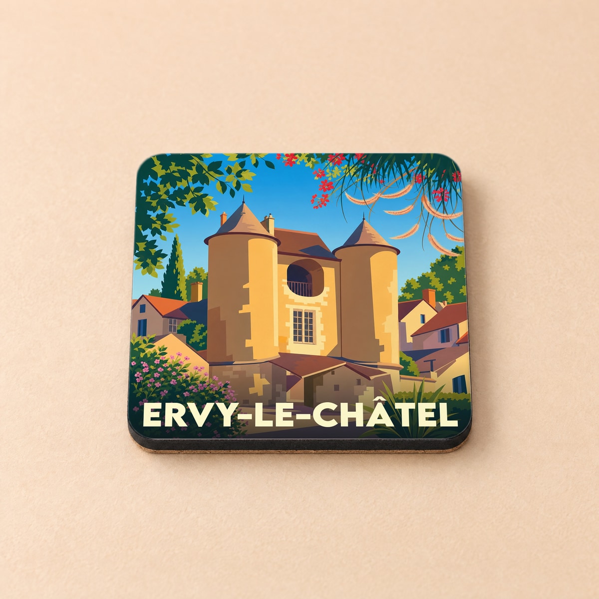 Dessous de verre souvenir d'Ervy-le-Châtel avec une illustration stylisée de la porte médiévale Saint-Nicolas.