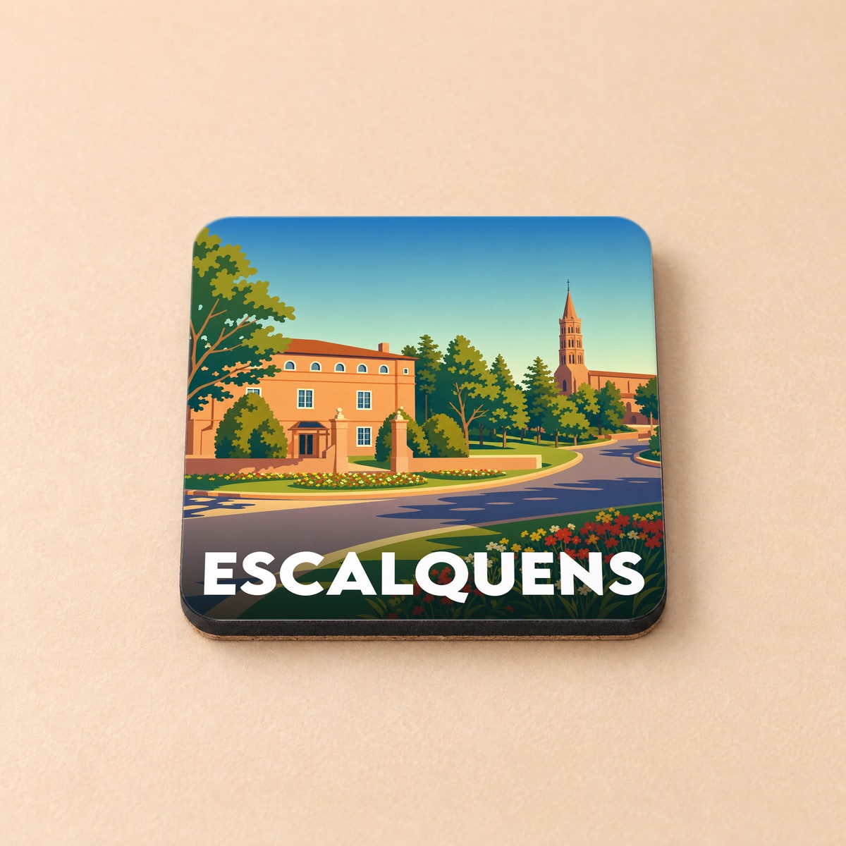 Dessous de verre souvenir de la ville d'Escalquens avec une illustration stylisée.