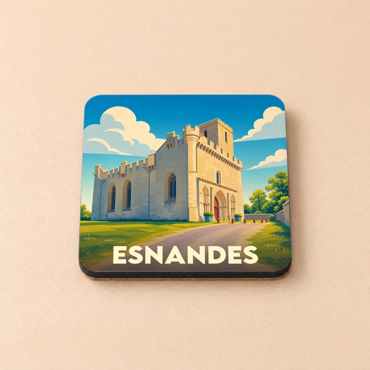 Dessous de verre souvenir de la ville d'Esnandes avec une illustration stylisée de son église fortifiée.