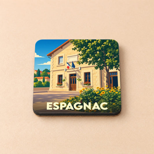 Dessous de verre souvenir de la ville d'Espagnac avec une illustration stylisée d'une mairie française.