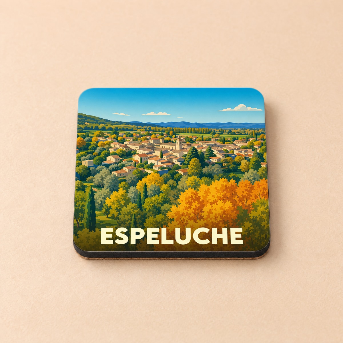 Dessous de verre souvenir de la ville d'Espeluche avec une illustration stylisée d'un paysage d'automne.