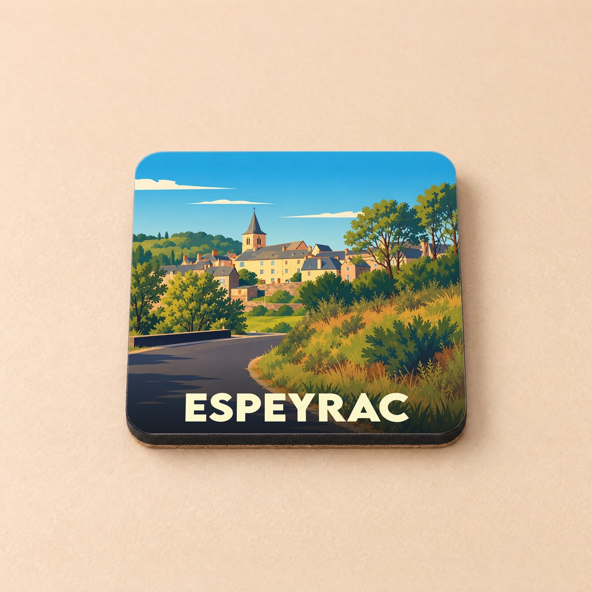 Dessous de verre souvenir de la ville d'Espeyrac avec une illustration stylisée du village et de son église.