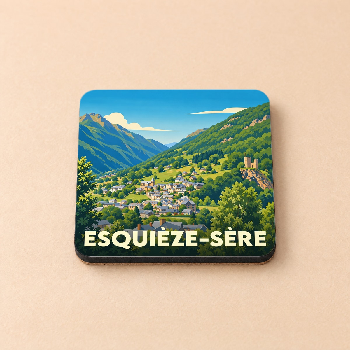 Dessous de verre souvenir de la ville de Esquièze-Sère illustré d'un paysage de montagne et de village.