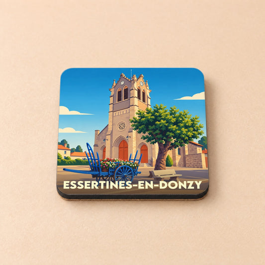 Dessous de verre souvenir de la ville d'Essertines-en-Donzy avec une illustration stylisée de son église et d'une charrette fleurie.