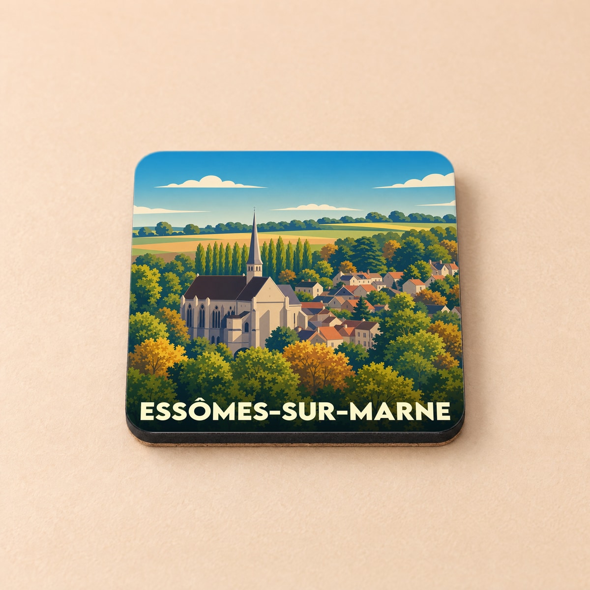 Dessous de verre souvenir d'Essômes-sur-Marne illustré par une vue stylisée de son église et de son village.