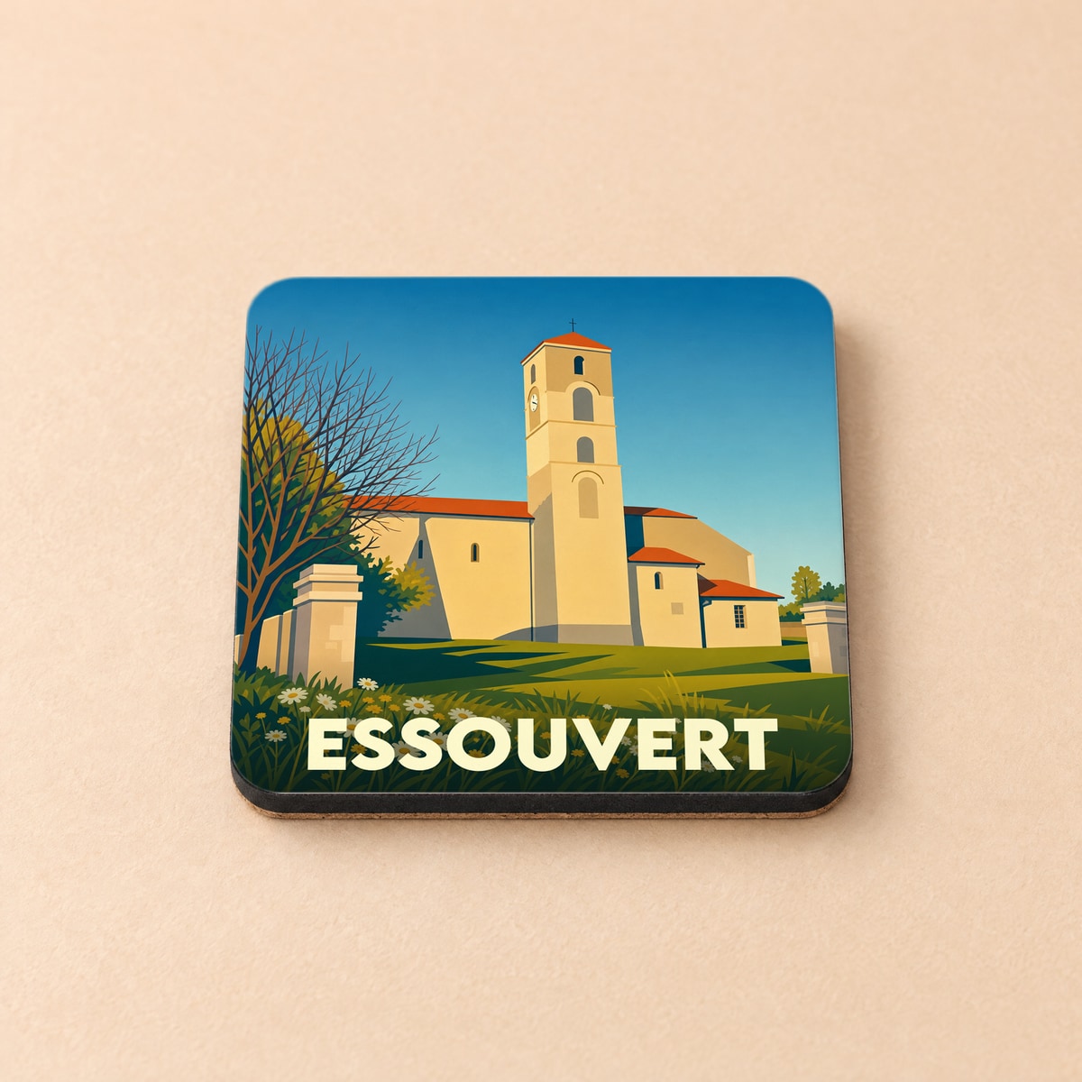 Dessous de verre souvenir de la ville d'Essouvert avec une illustration stylisée de son église.