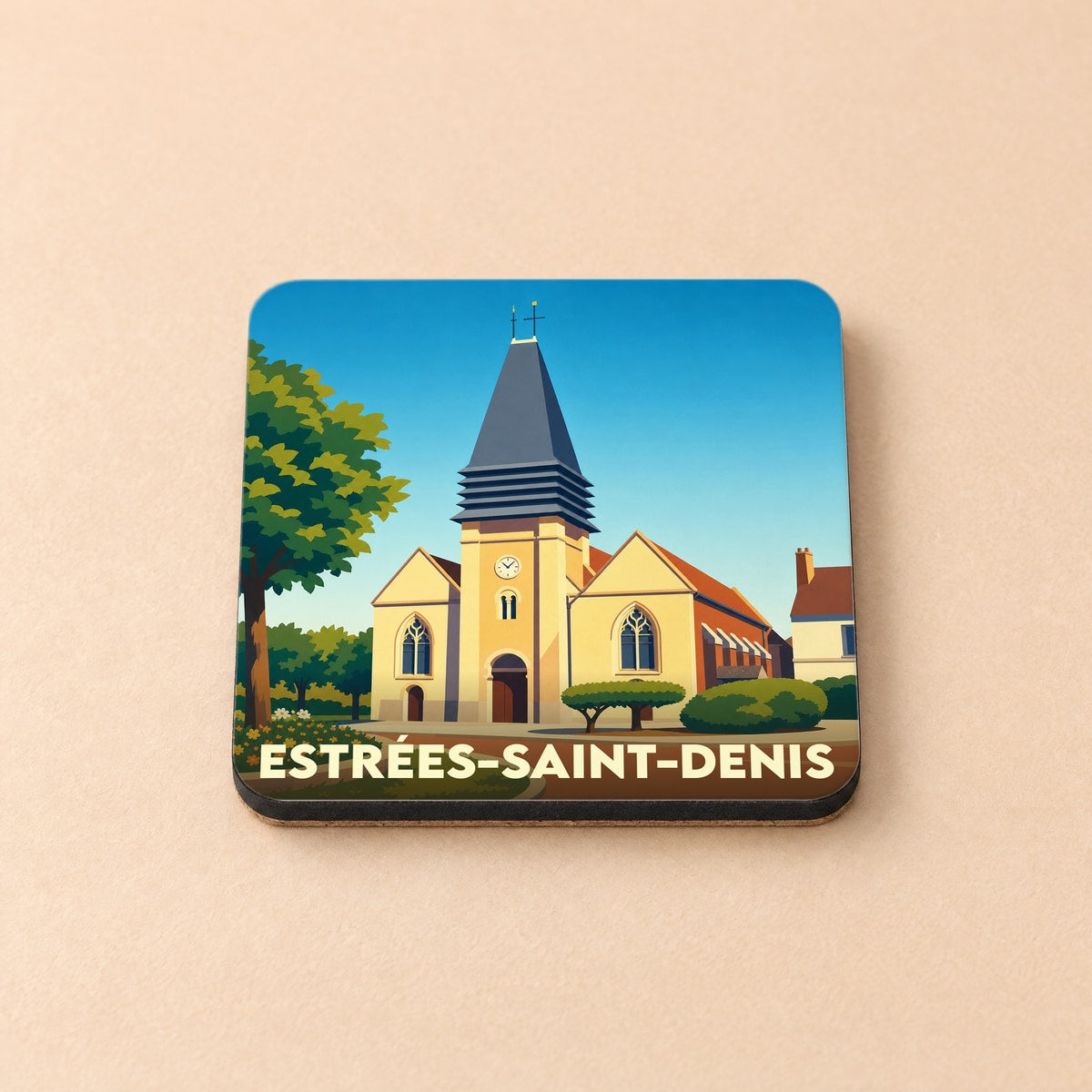 Dessous de verre souvenir de la ville de Estrées-Saint-Denis avec une illustration stylisée de son église.