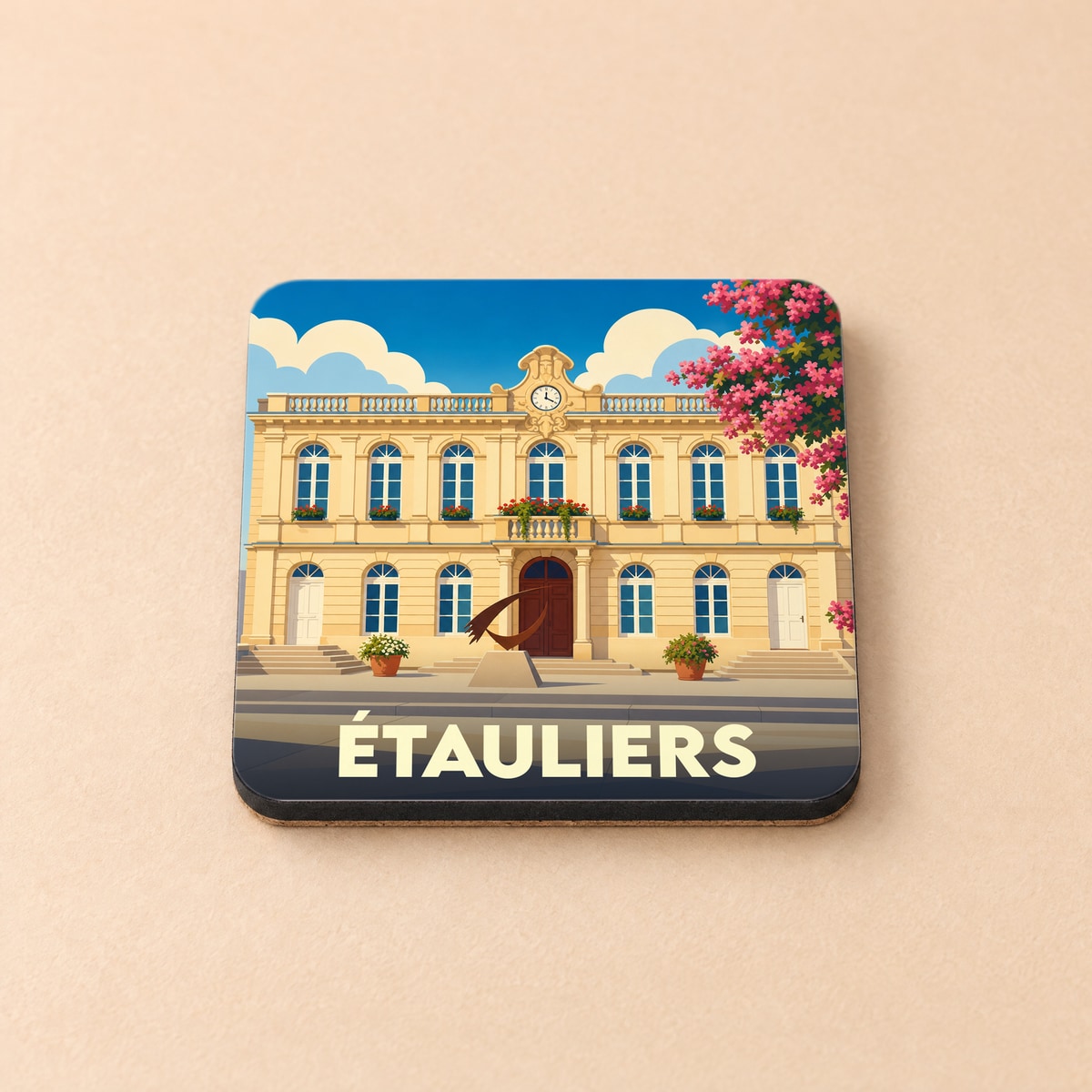 Dessous de verre souvenir de la ville d’Étauliers avec une illustration stylisée de sa mairie.