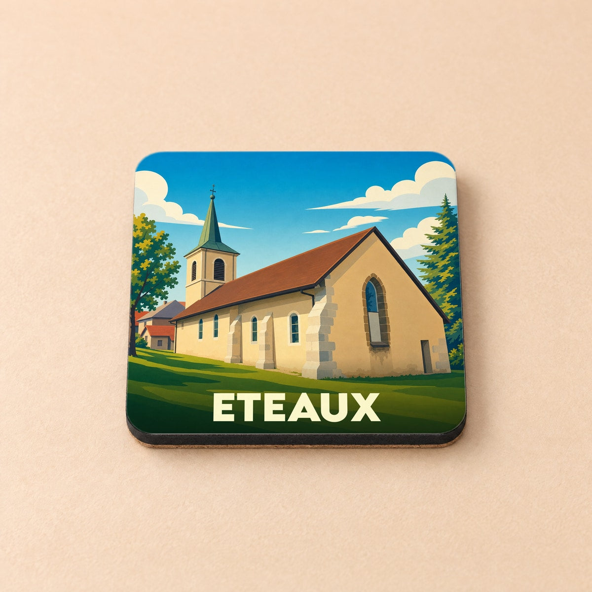 Dessous de verre souvenir de la ville d'Eteaux illustrant son église dans un style graphique épuré.