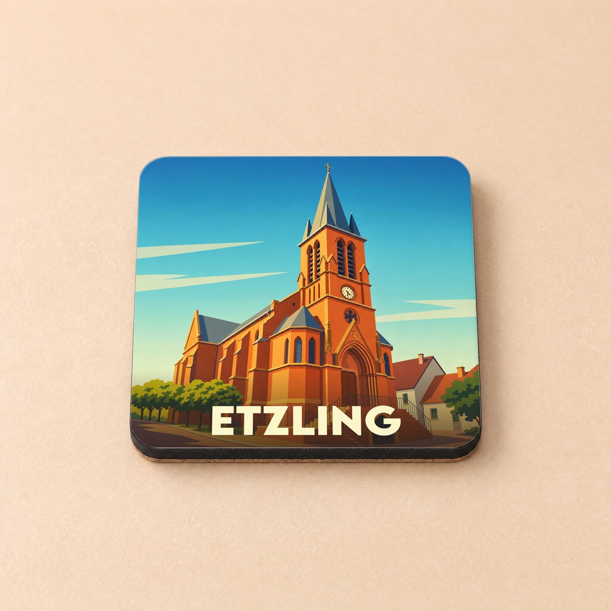 Dessous de verre souvenir de la ville d'Etzling avec une illustration stylisée de son église.