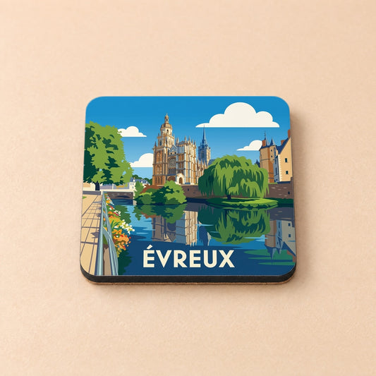 Dessous de verre souvenir de la ville d'Évreux avec une illustration stylisée de sa cathédrale et de l'Iton.