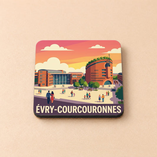 Dessous de verre souvenir de la ville d'Évry-Courcouronnes avec une illustration stylisée de sa place principale et de sa cathédrale.