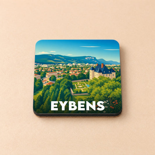 Dessous de verre souvenir de la ville d'Eybens avec une illustration stylisée d'un château et des montagnes.