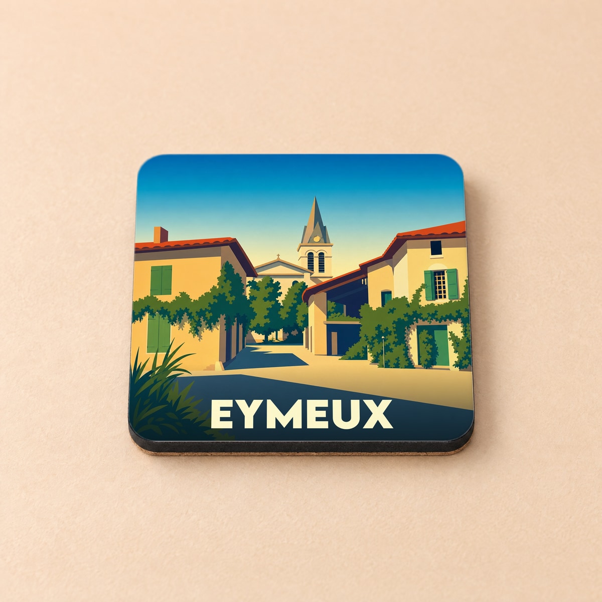 Dessous de verre souvenir de la ville d'Eymeux avec une illustration stylisée.