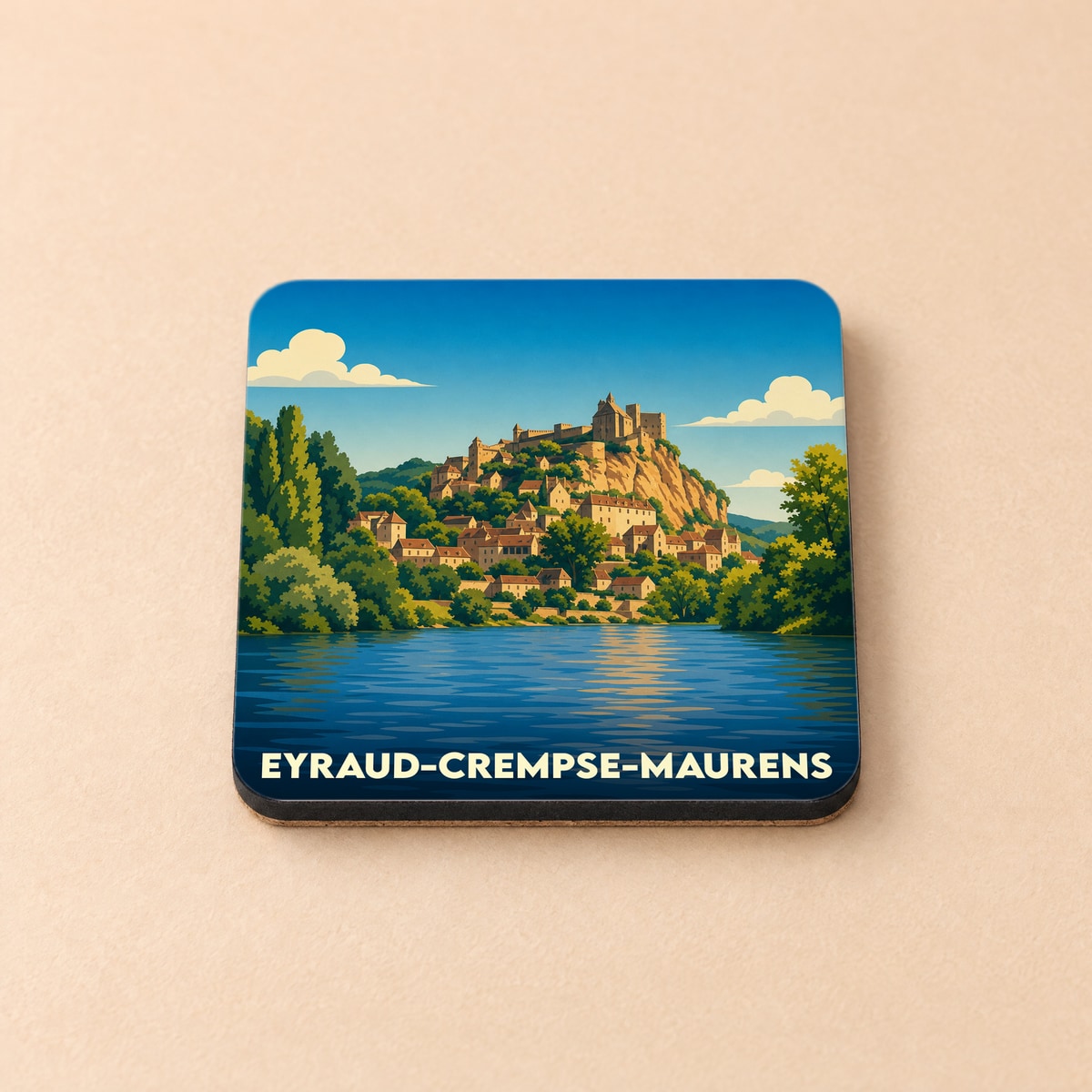 Dessous de verre souvenir de la ville de Eyraud-Crempse-Maurens avec une illustration stylisée d'un village médiéval au bord de l'eau.