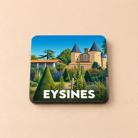 Dessous de verre souvenir de la ville d'Eysines avec une illustration stylisée de son château et de ses jardins.