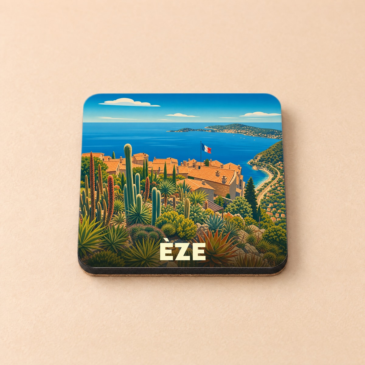 Dessous de verre souvenir de la ville de Èze avec une illustration stylisée de son jardin exotique surplombant la mer.